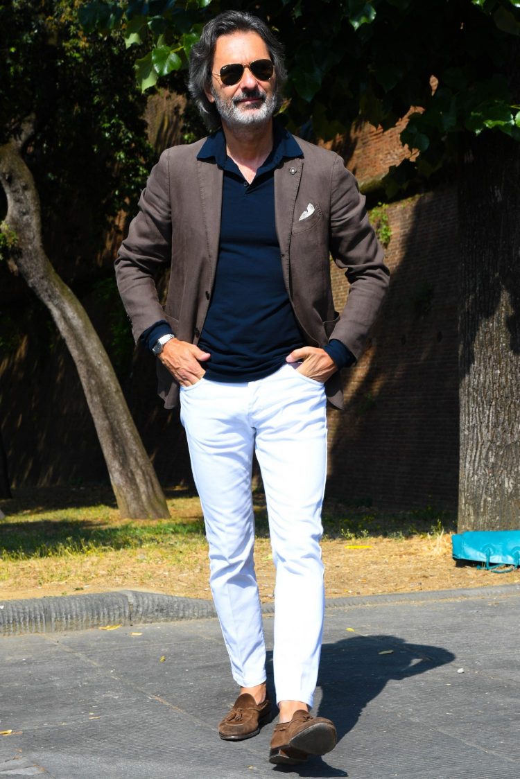 Chic adult color jacket and white denim with suede loafers