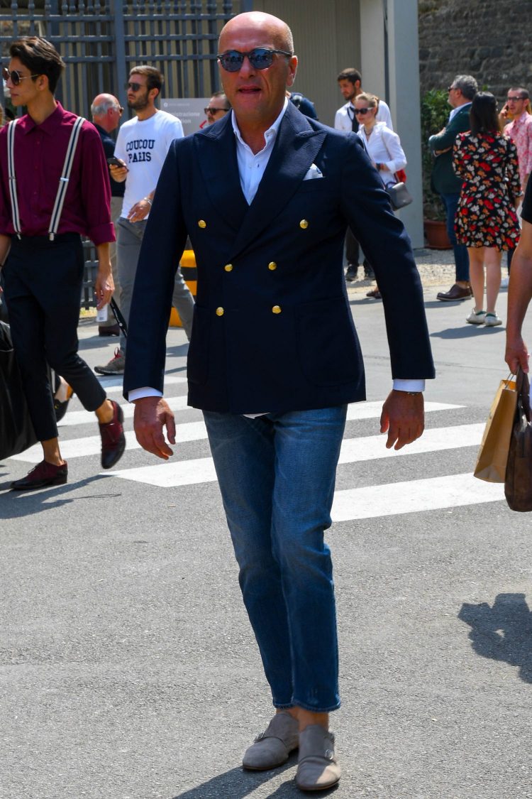 Navy blazer coordinate with dressy white shirt and casual denim