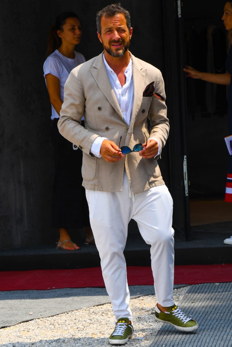 Effortless beige double jacket and white easy pants jacket style