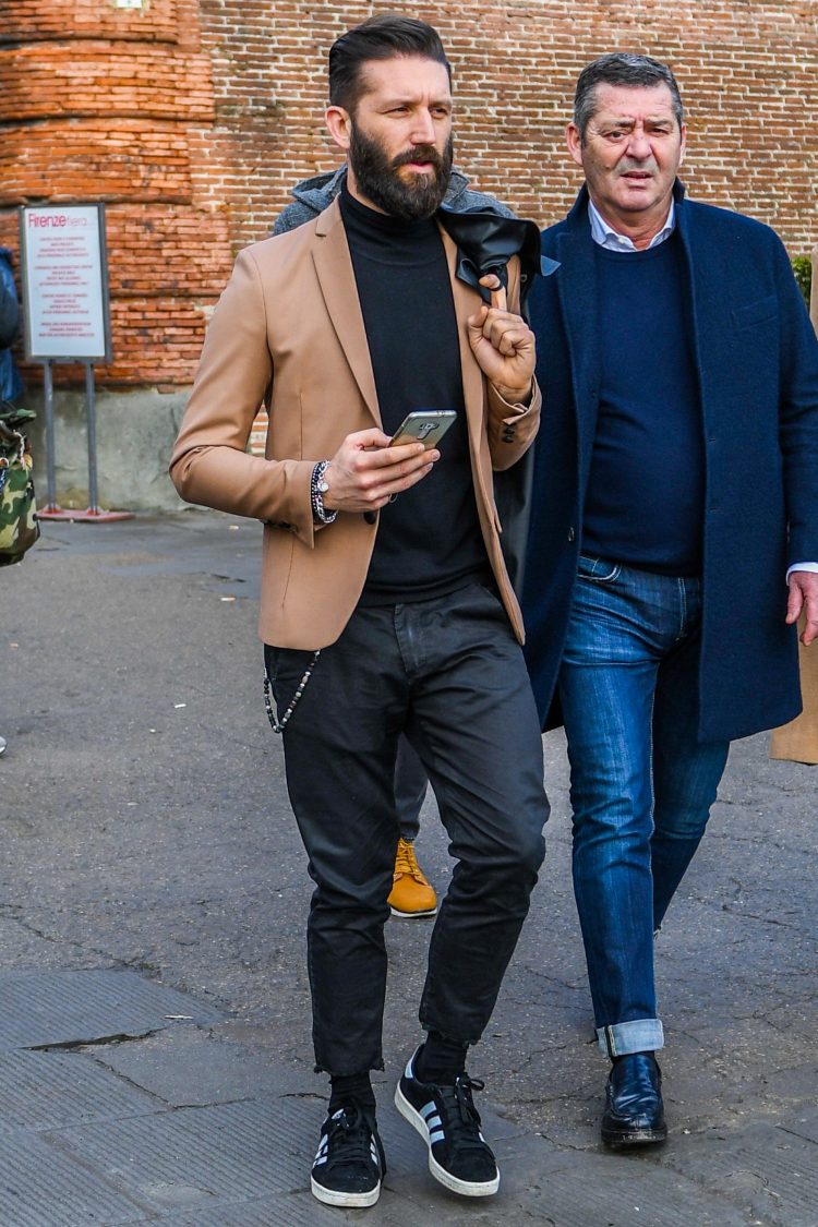 Brown jacket adds glamour to cool styling