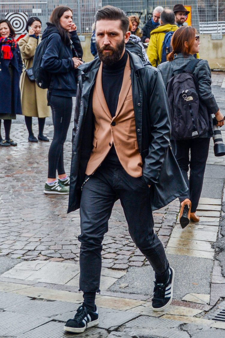 Black denim and brown jacket for a modern look