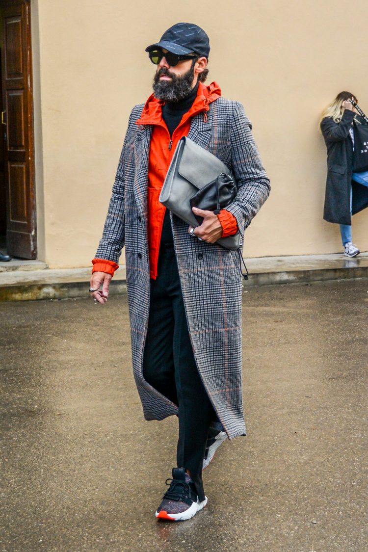 Wear the checkered double chester coat with a windbreaker for a modern street-style look.