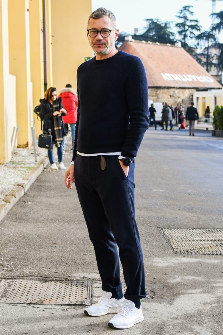Navy tone-on-tone style coordinated with crew neck knit and winter pants