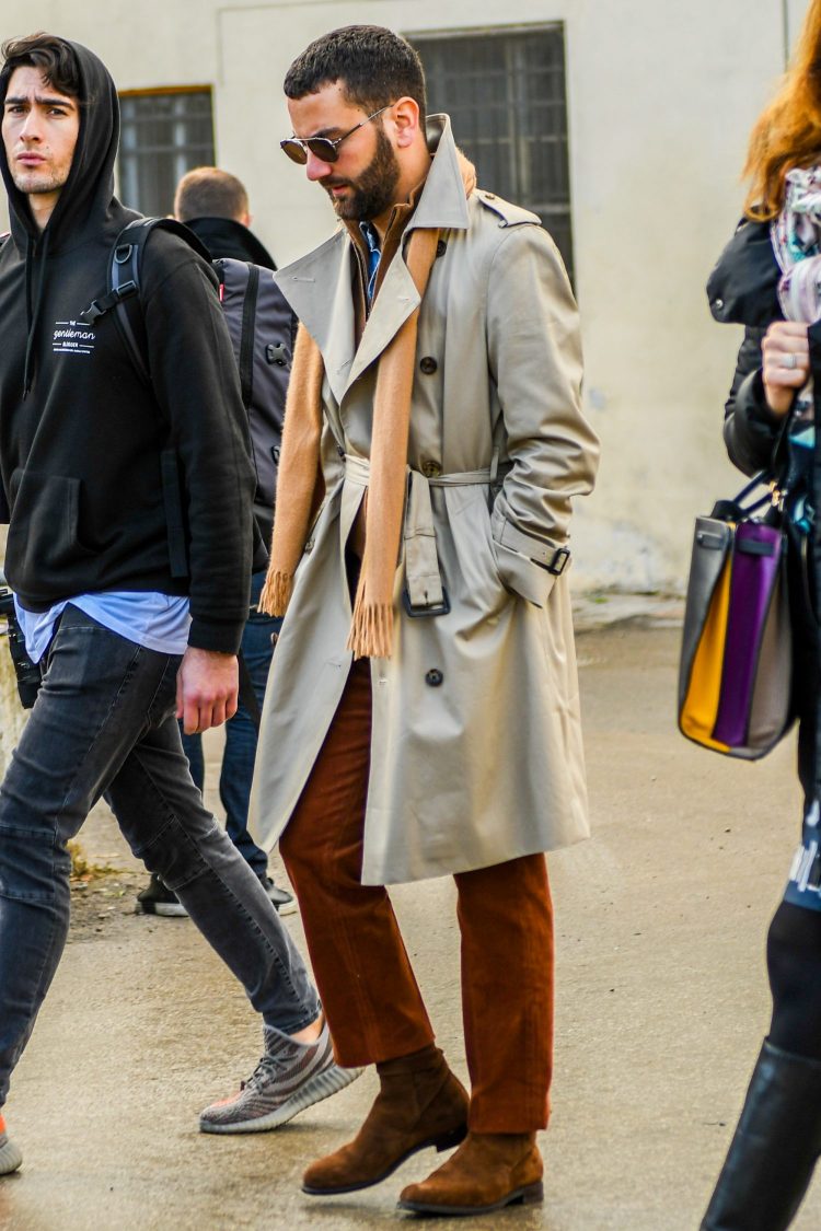 Brown winter pants add gloss to trench coat style
