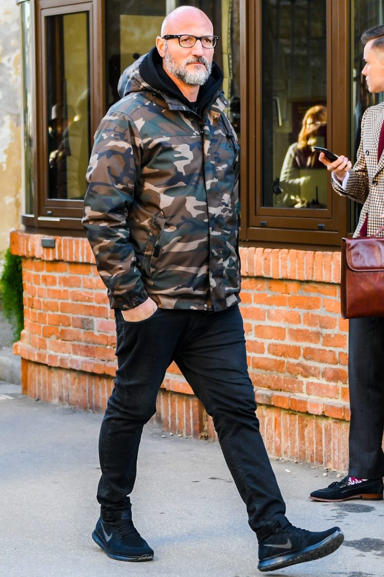 Black denim and nylon jacket for an urban sporty look