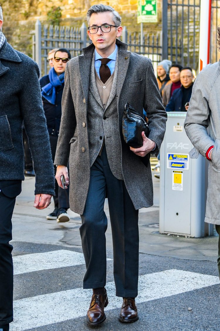 Chester coat and jacket styled in tone-on-tone gray that matches the hair color