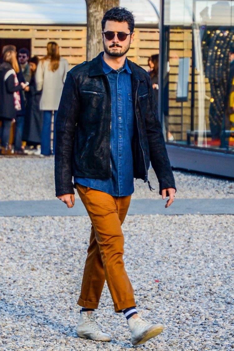 Navy leather jacket with a distinctive texture adds depth to the coordination