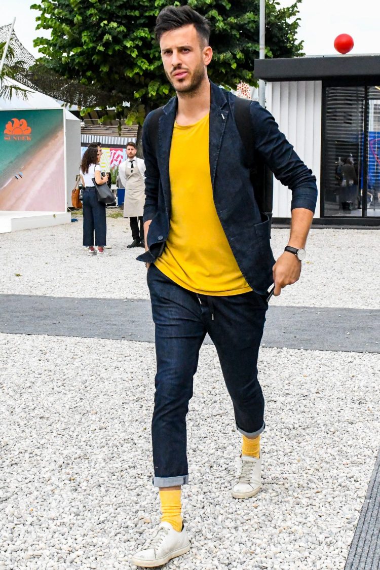 Set-up coordinate in stretch denim material accented with vivid colors