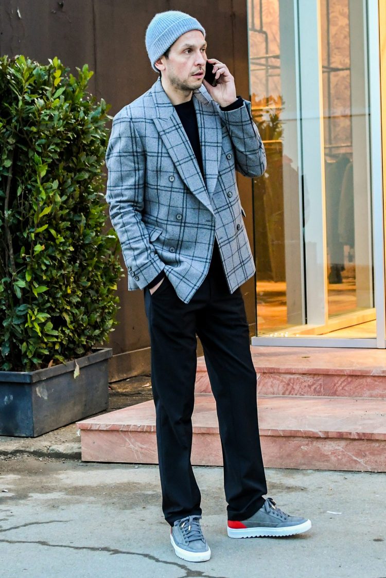 Checkered double jacket in contrasting gray and black