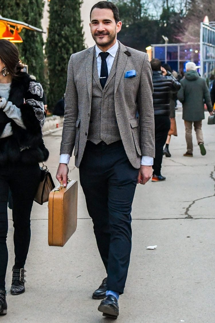 Tweed check set-up with jacket and gilet for a classic look