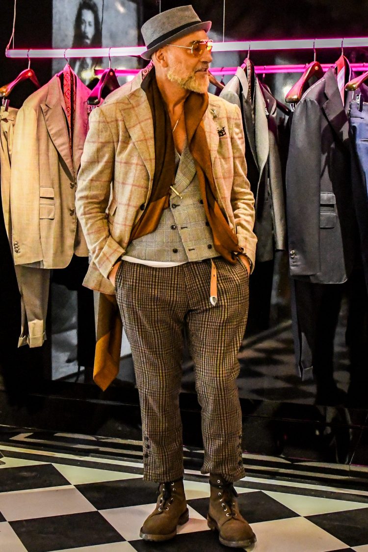 Stylish styling of a tweed jacket layered with checked items