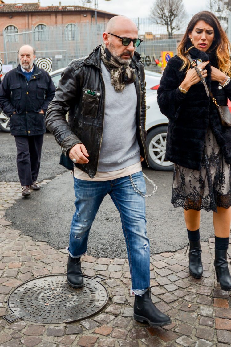 Biker style with brown leather jacket edged with shrinking