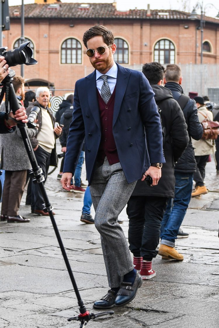 Coordinating business jacket style with gray check winter pants