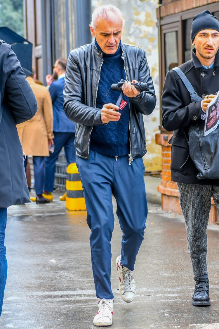 Tone-on-tone style of leather jacket with a nuanced blue color that highlights the material