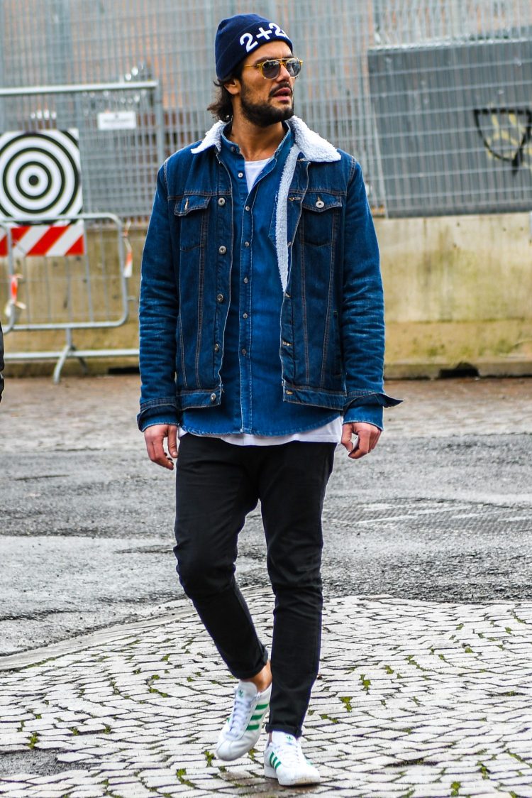 Denim-on-denim American casual coordinate with black denim and denim jacket