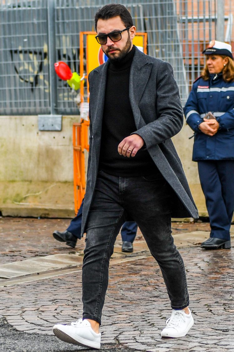 Tone-on-tone coordinate with washed black denim to link colors