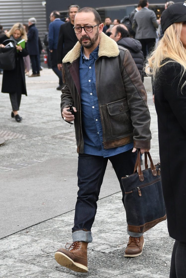 Brown oiled leather boa jacket coordinate with denim and work boots for a rugged look