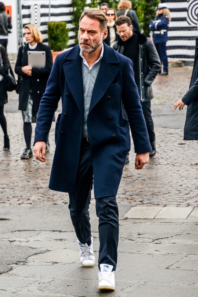 Beautiful conservative coordinate with white shirt and Stan Smiths