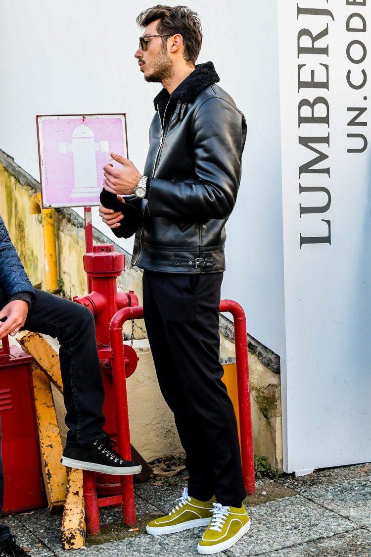 Black Leather Boa Jacket with Sneakers