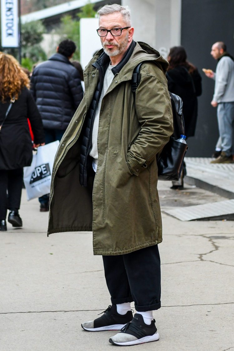 Black pants and white socks for old-school feet with a modern feel