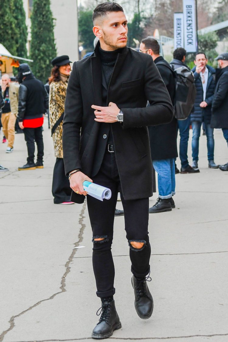 All black street style with damaged jeans mixing dress and naughty