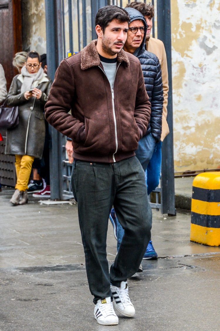 Gnome-core style coordinated with Bordeaux Mouton boa jacket and gray trousers
