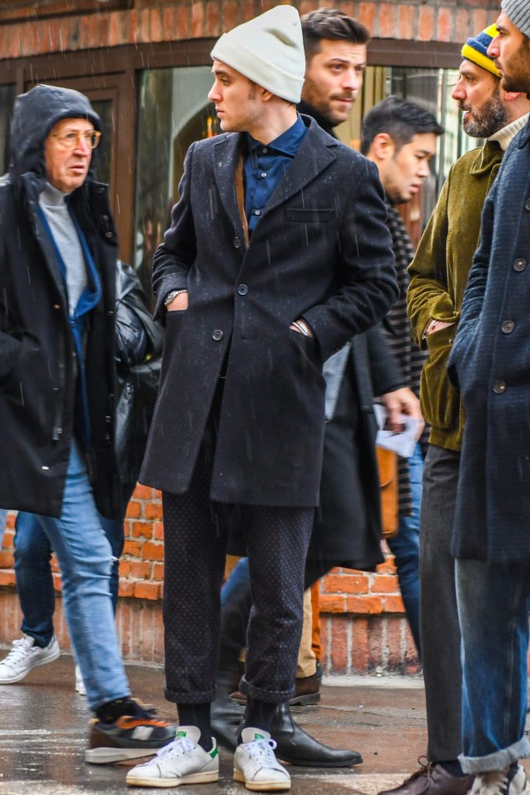 Winter coordinate with a knit hat and Stan Smiths