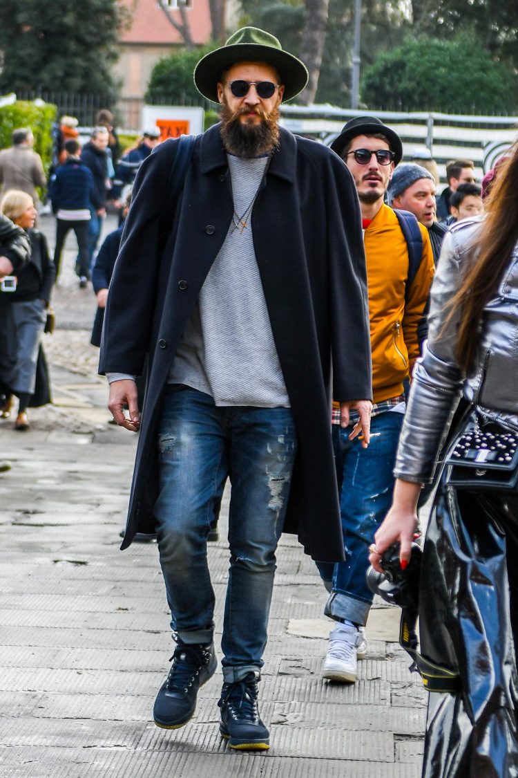 Matte color styling accented with damaged jeans