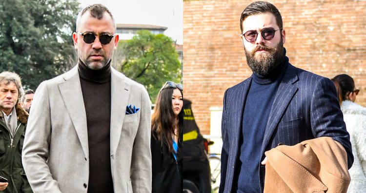 Key to choosing a turtleneck to match a jacket: 3. " Consider the contrast with the color of the jacket.