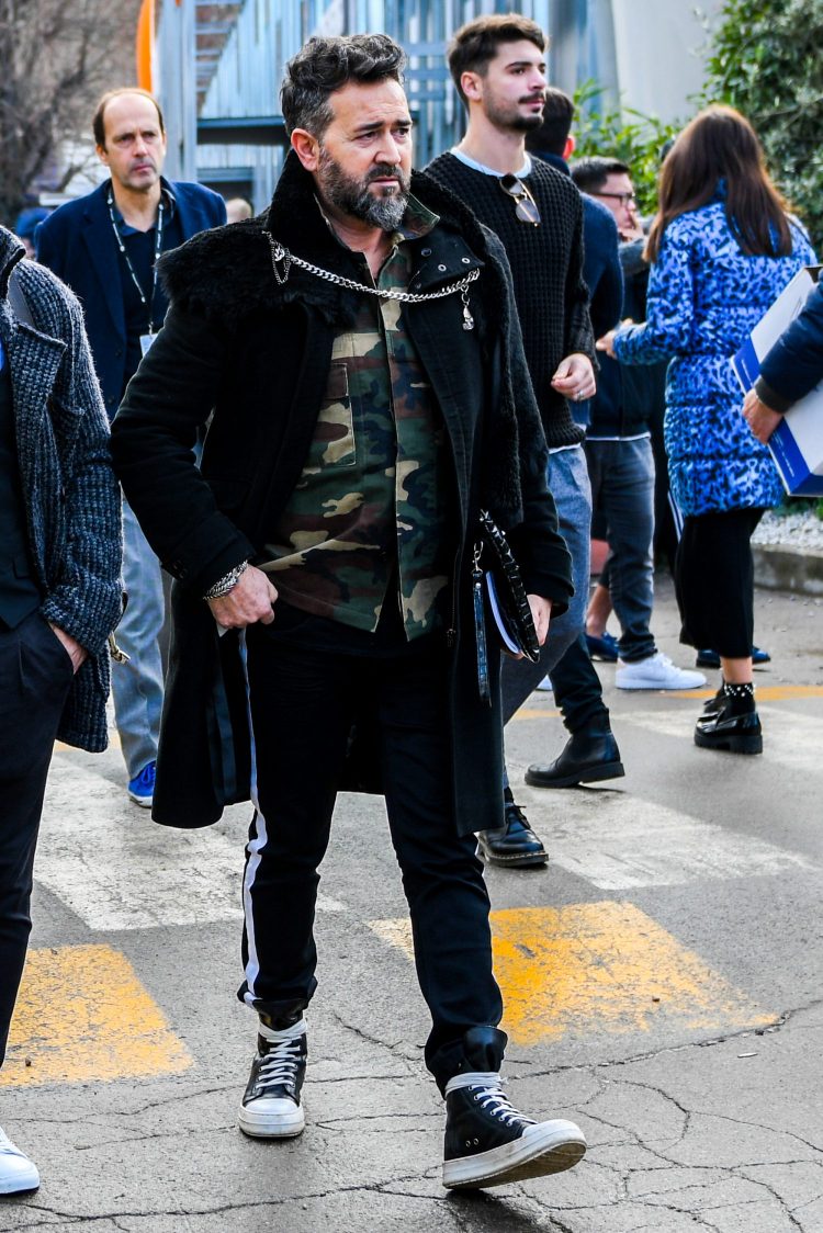 Coordinate high-cut sneakers with one assertive item