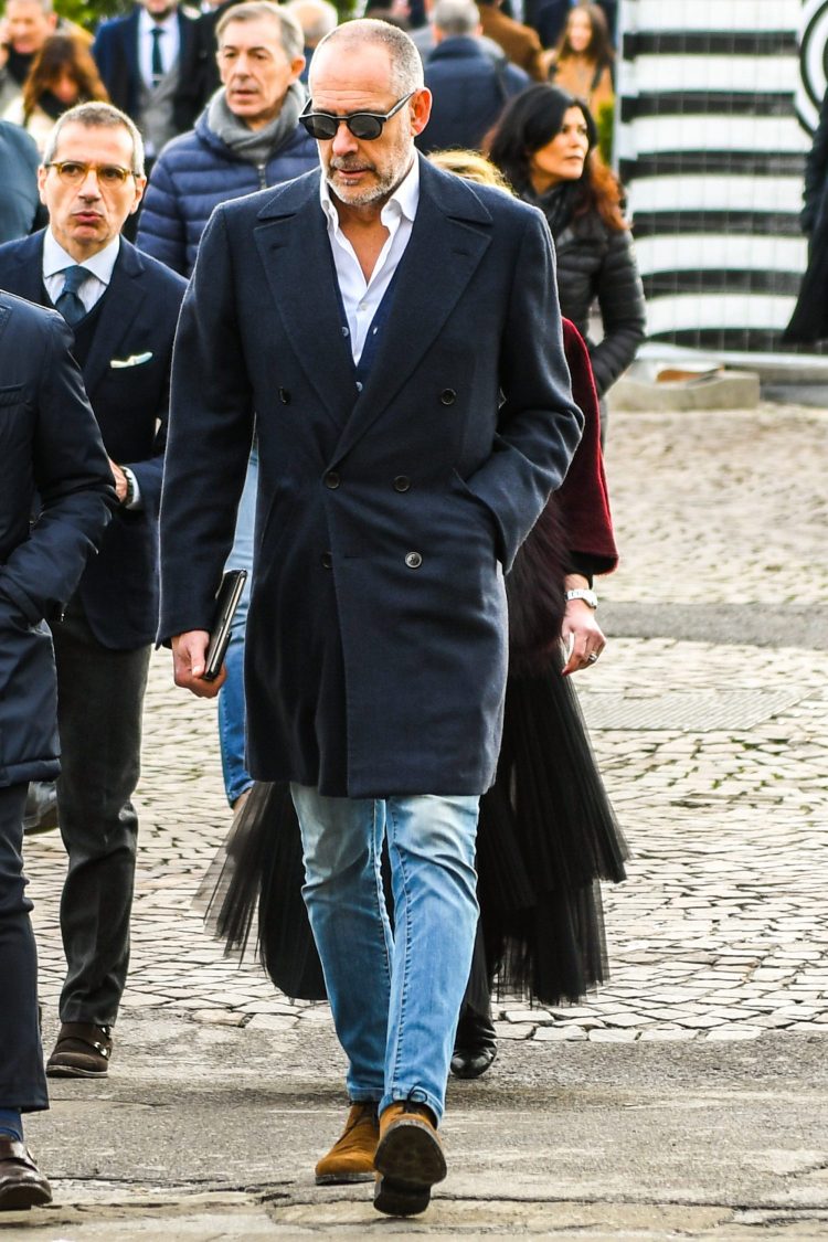 Camel suede shoes matched with dressy navy and casual blue