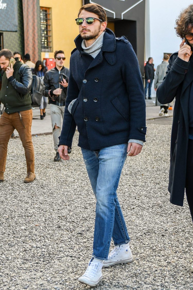 Beautiful casual wear in winter with navy P coat and blue jeans