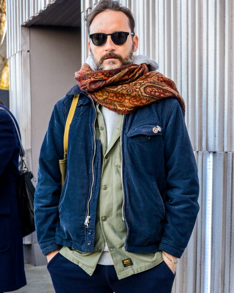 A cozy layered look with black Boston sunglasses to enhance the face.