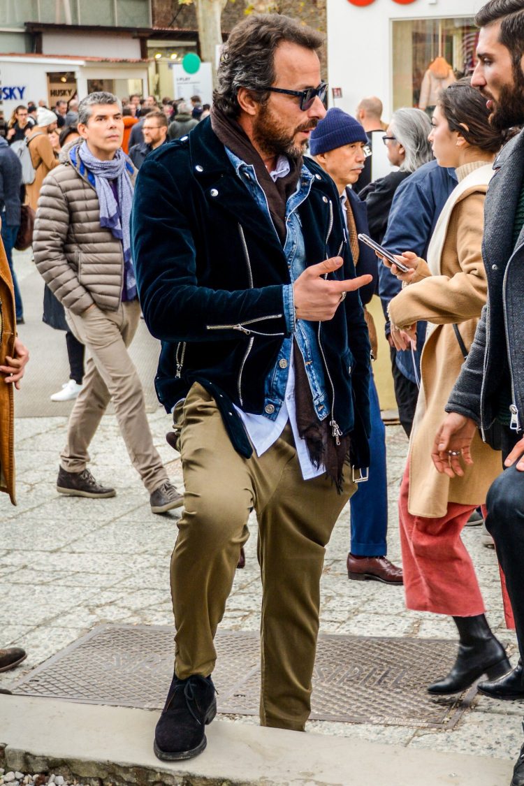 Denim jackets go great with rider's jackets because they are both rugged items.