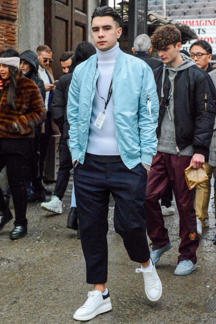 Pastel blue bomber jacket coordinate highlighting a clean image