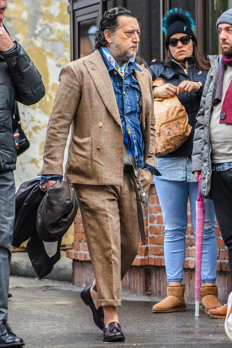 A vintage-inspired double suit is worn with a denim jacket for a cozy look!