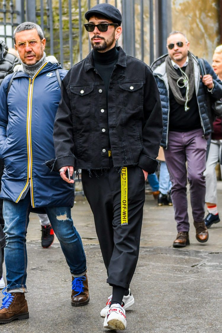 All-black coordinate with black turtleneck knit and men's trendy items