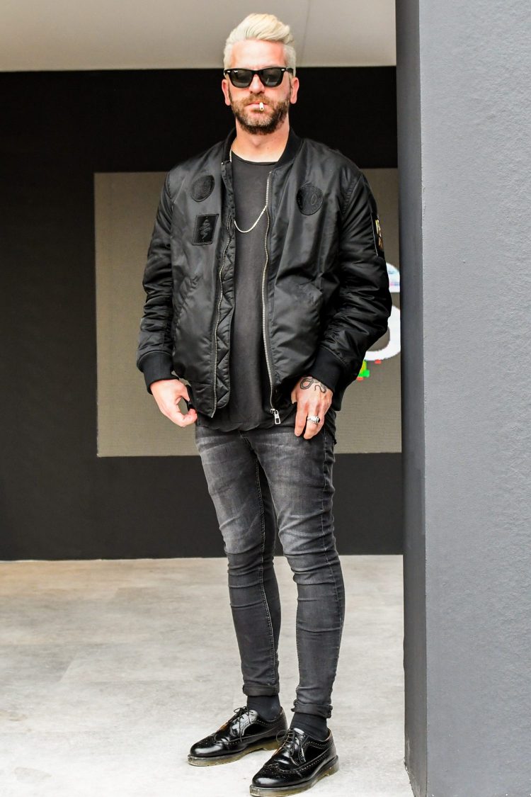 Black tone-on-tone chic bomber jacket coordination