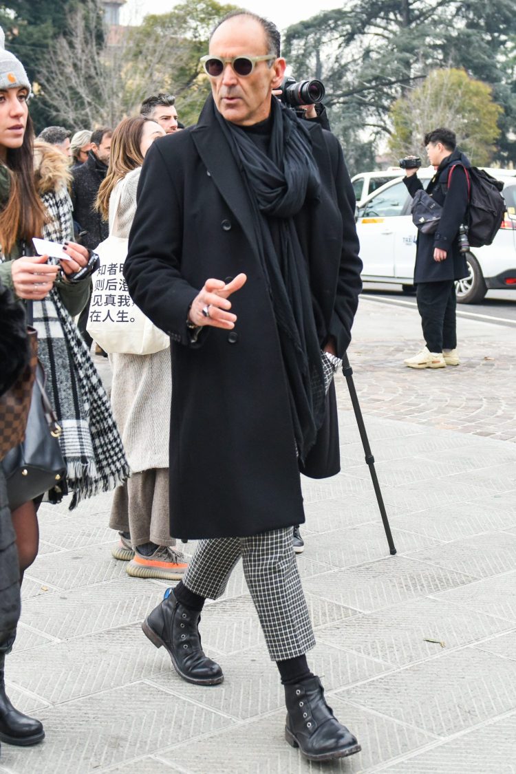 A chic winter monotone coordinate with mode-faced work boots on the feet for added sophistication