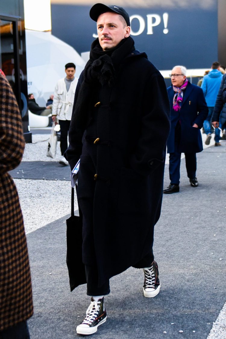 Men's winter coordinate with a seasonal long-length duffle coat for a fashionable look.