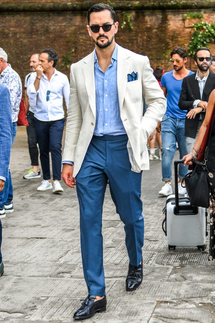 Blue slacks jackets coordinate with a clean color combination for increased sophistication.