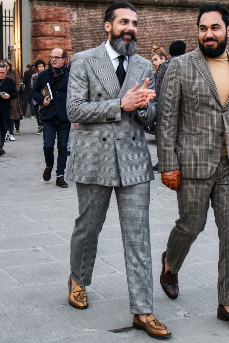 The classic double plaid gray suit outfit is differentiated by the shoes on your feet.