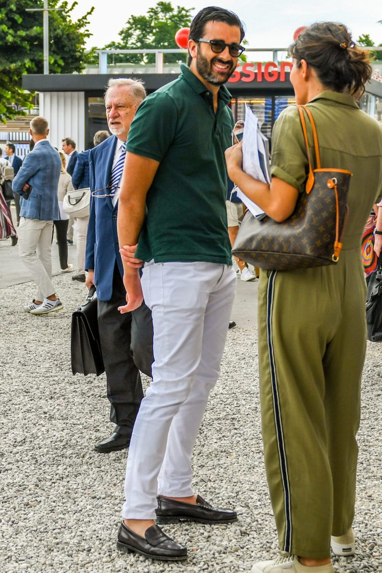 Smart adult holiday coordinate with white jeans and polo shirt