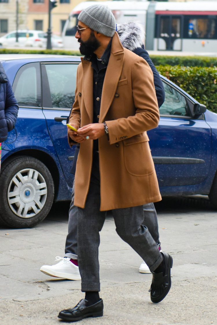 Winter coordinate with casual dressing and ankle-length gray pants for a clean look.