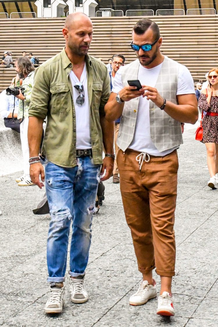 Brown pants with drawcord add a subtle accent to a coordinated look