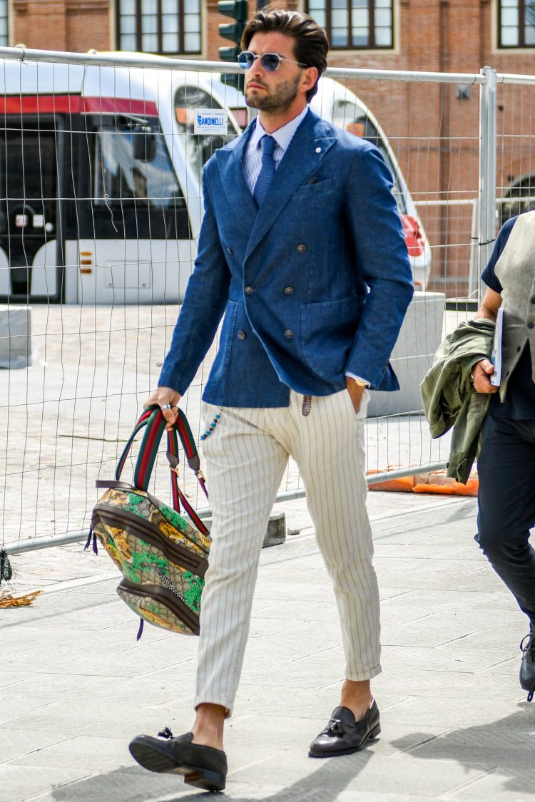 Tied-up striped shirt coordinates with denim blazer style for a dressier look