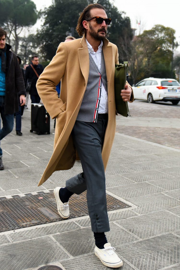 Cropped gray pants express a modern American-traditional coordinate.