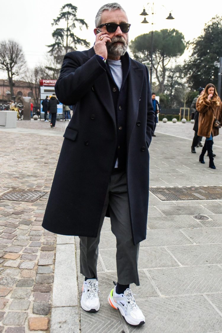 Chic adult street style with gray pants and dud sneakers for a more seasonal look