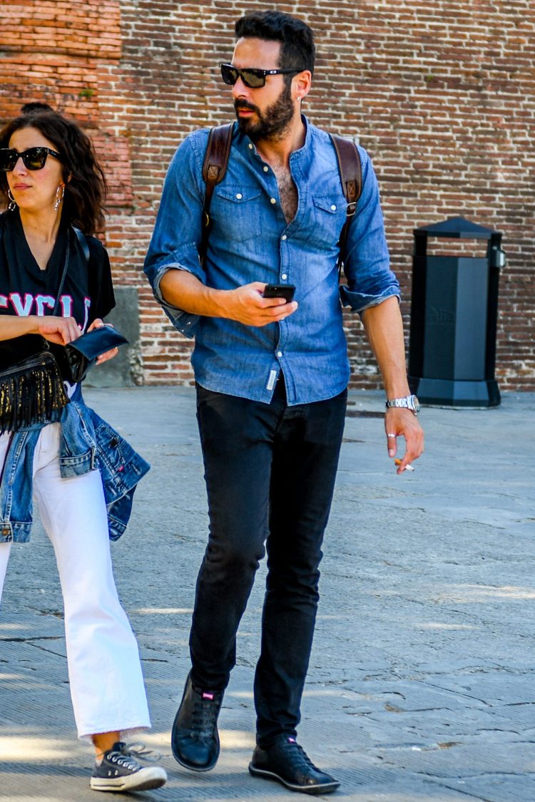 Cool denim-on-denim coordinate with denim shirt and black denim