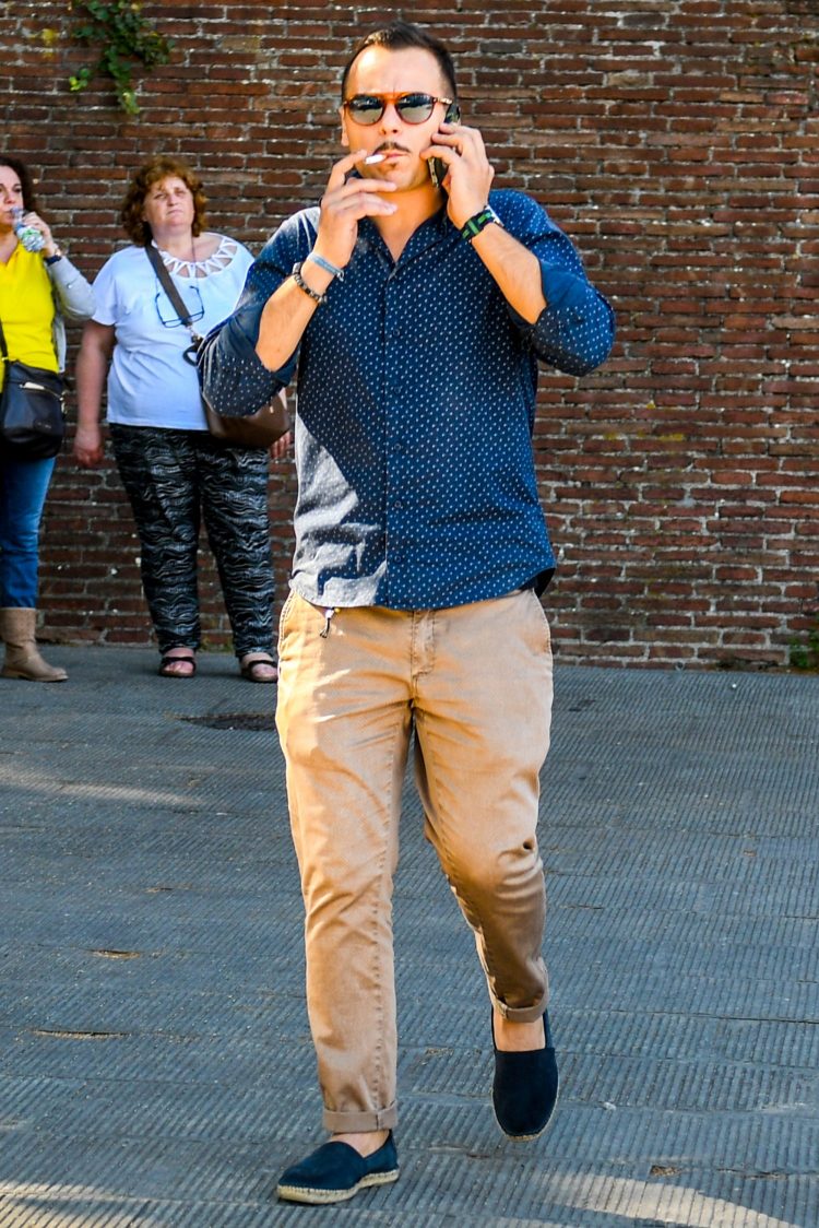 Brown pants and espadrilles give the patterned shirt coordinate a luxe adult look